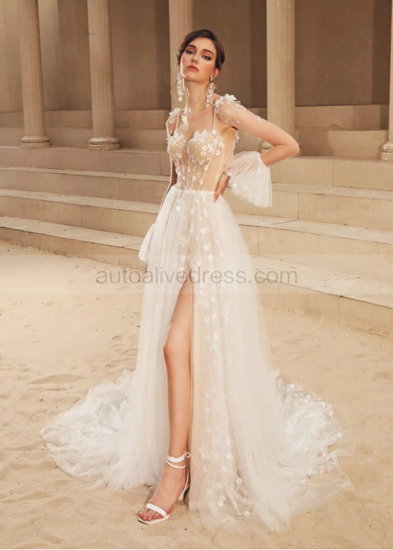 Beaded Lace Tulle Slit Wedding Dress With Detachable Sleeves